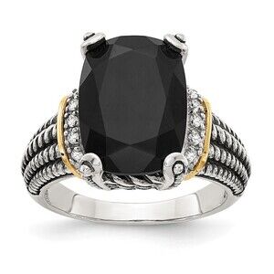 925 Sterling Silver Genuine 14K Accent Antiqued Black Onyx & White Diamond Ring